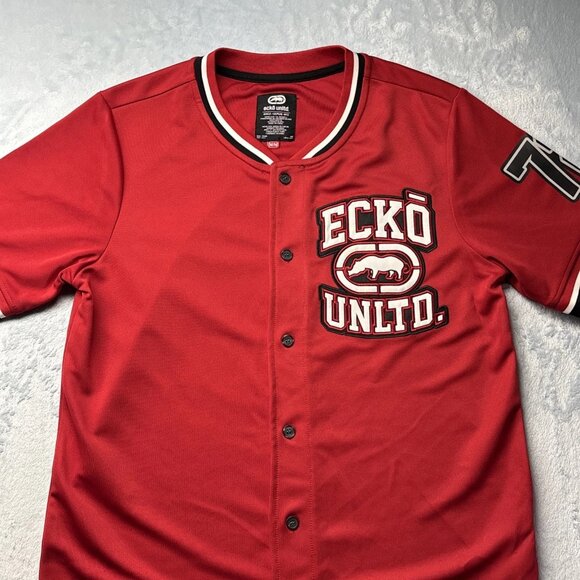 Ecko Unltd. Baseball Jersey Mens Medium Red Short Sleeve Button Front Activewear - Picture 2 of 9